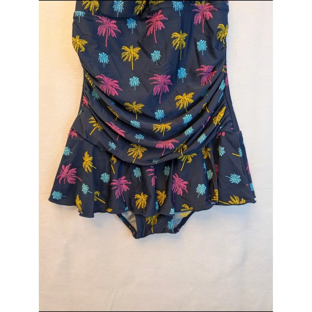 Shore Shapes Navy Blue Neon Palm Tree Ruched Halter Swim Dress One Piece Size 10